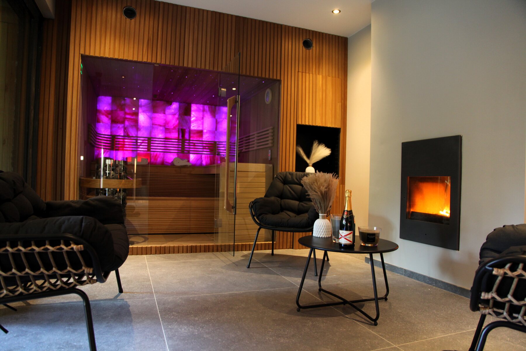 Spa 2 Dionlodge, sauna et salon avec feu ouvert